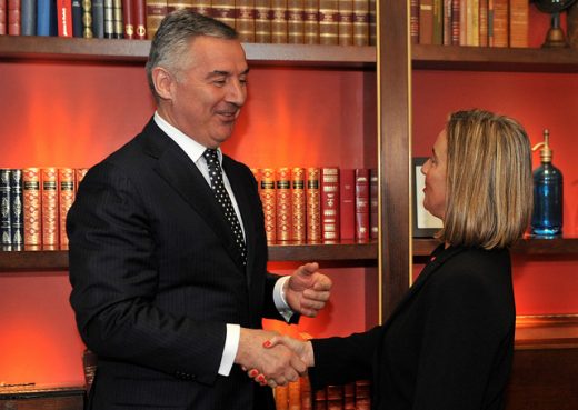 President Mr Djukanovic, shakes hands with EU foreign policy chief Federica Mogherini . EUROPEAN COMMISSION/SAVO PRELEVIC